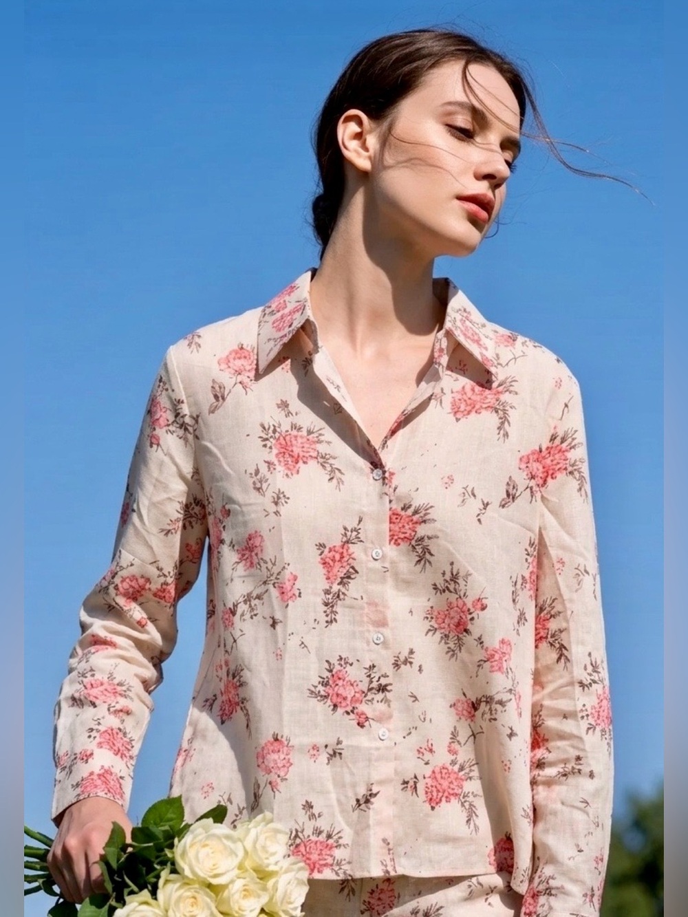 Women's NWOT Floral Long Sleeve Boho Vibe Button-Down Shirt in Beige & Pink M(6)